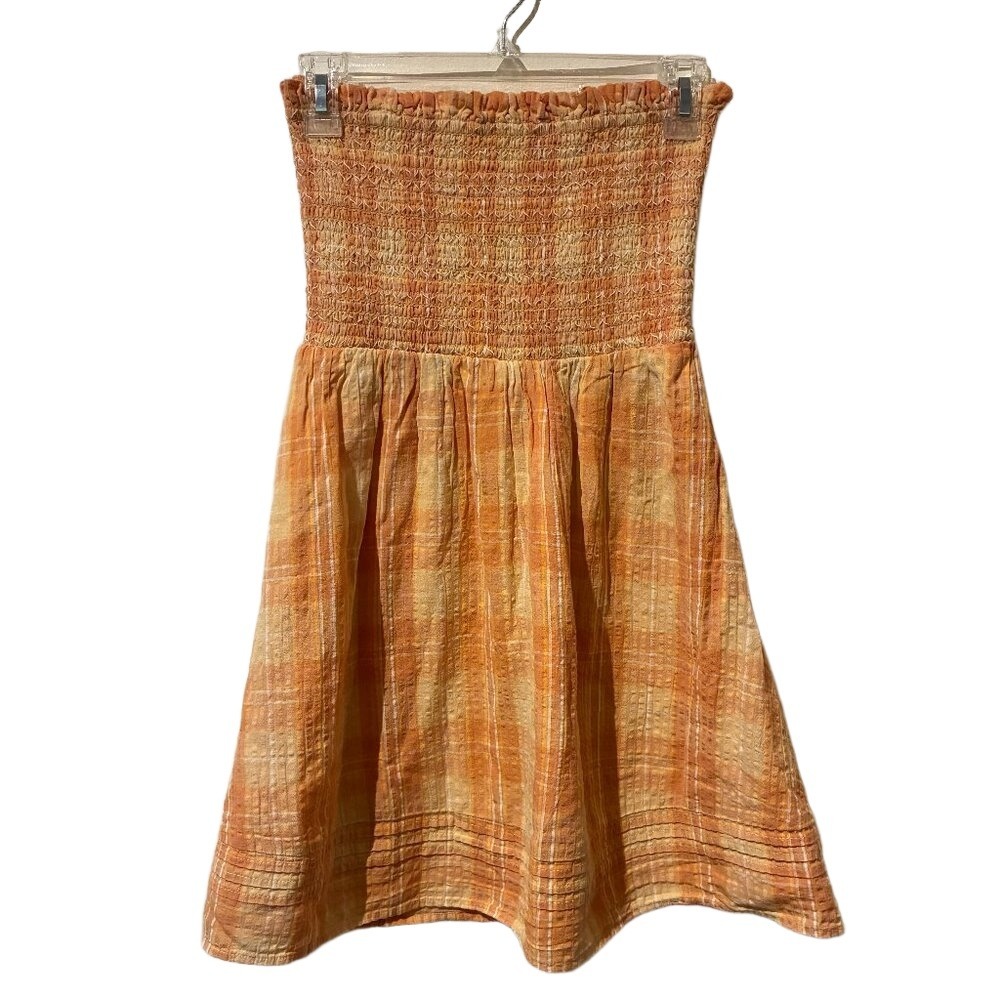 American Eagle Orange Plaid Smocked Strapless Mini Tube Dress Cotton Linen Small